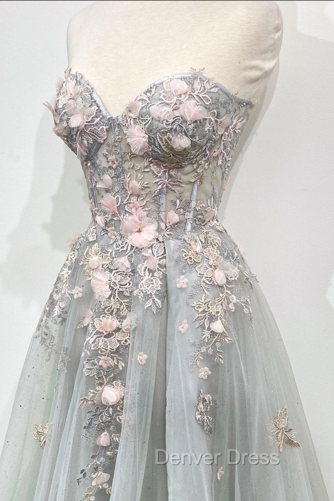 Gray Tulle Lace Long Strapless Prom Dresses, A-Line Formal Evening Dresses