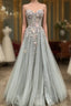 Gray Tulle Lace Long Strapless Prom Dresses, A-Line Formal Evening Dresses