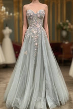 Gray Tulle Lace Long Strapless Prom Dress, A Line Prom Dresses