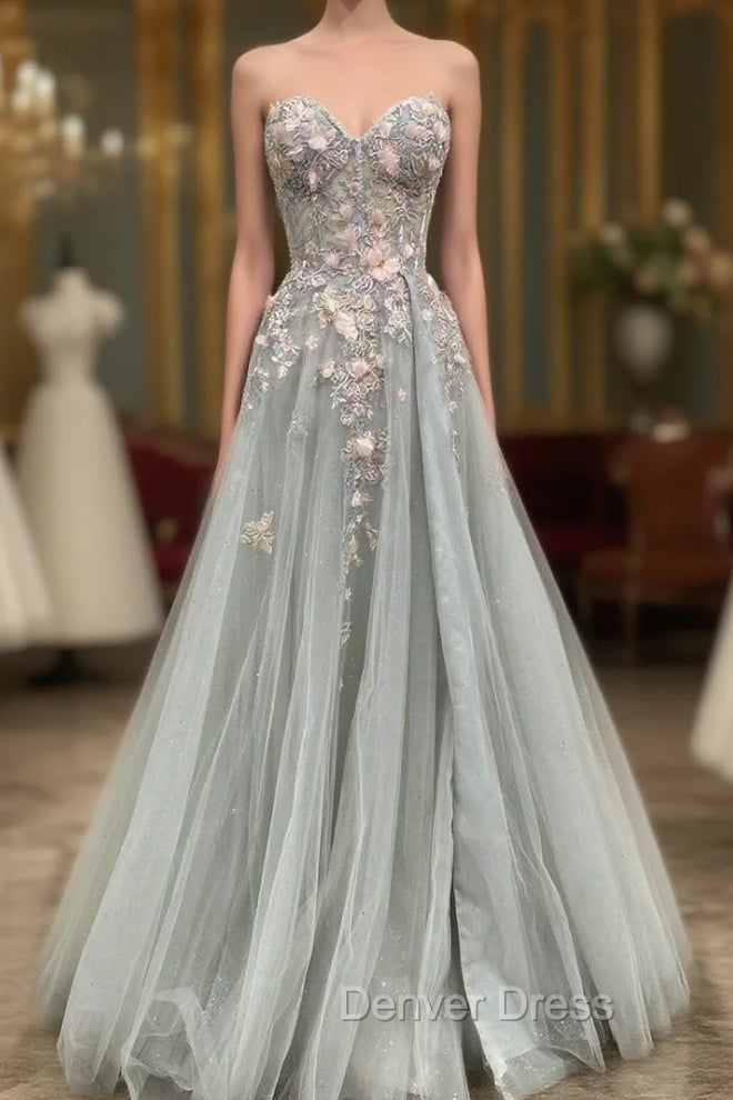 Gray Tulle Lace Long Strapless Prom Dress, A Line Prom Dresses