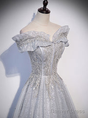 Gray Tulle Lace Sequin Long Prom Dress, Gray Tulle Formal Dress
