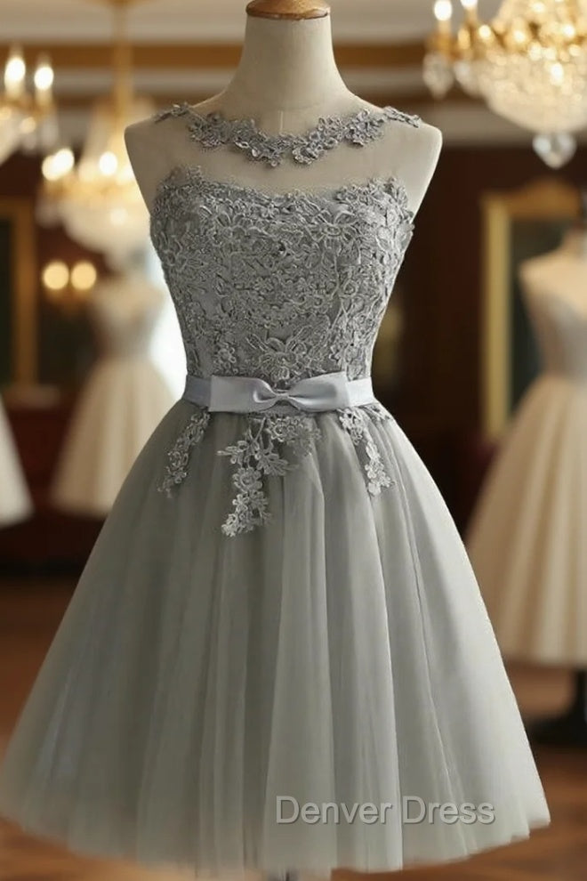 Gray Tulle Lace Short Homecoming Dresses