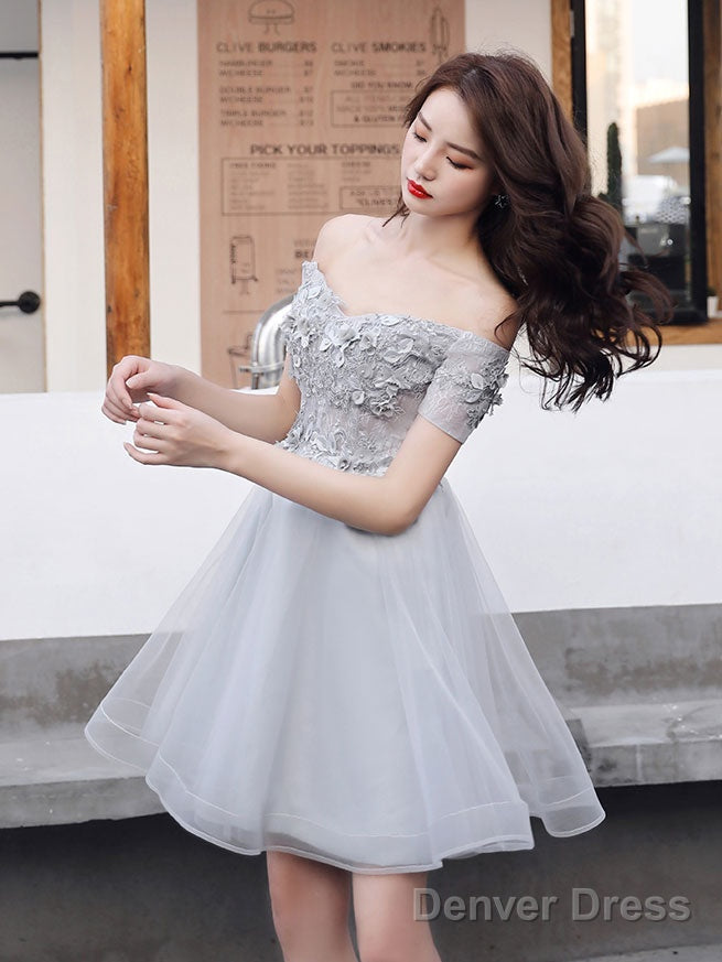Gray Tulle Lace Short Prom Dress Gray Lace Homecoming Dresses