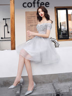 Gray Tulle Lace Short Prom Dress Gray Lace Homecoming Dresses