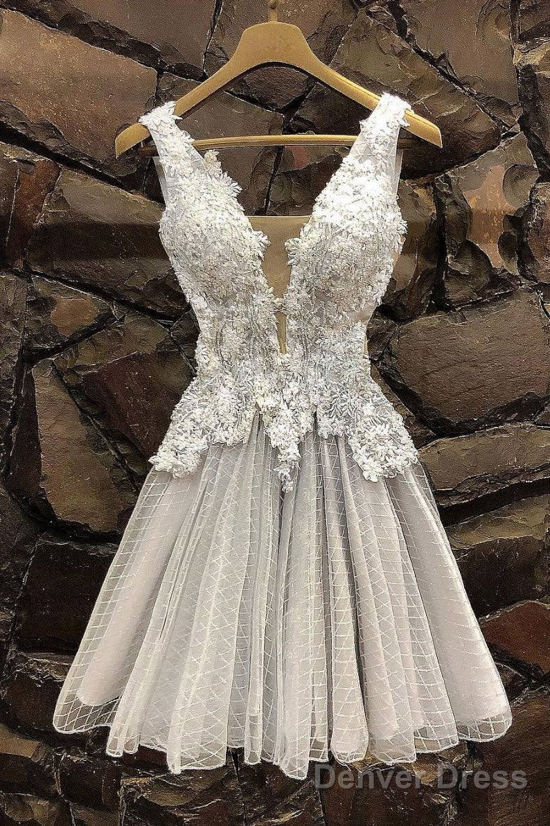 Gray Tulle Lace Short Prom Dress, Gray Tulle Lace Homecoming Dress Main image