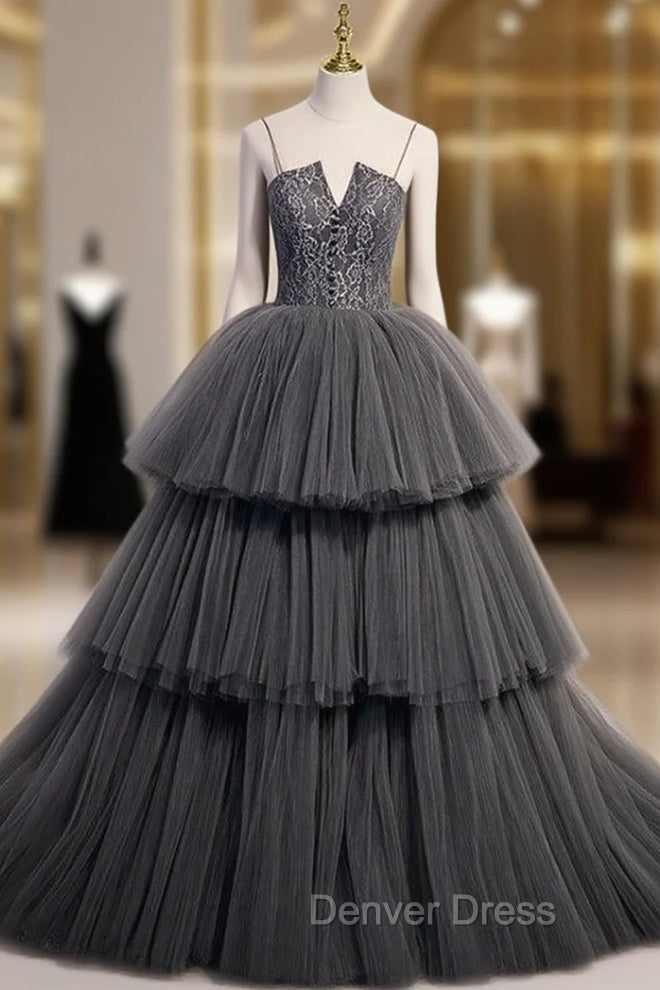 Gray Tulle Lace Spaghetti Straps Prom Dresses Main image