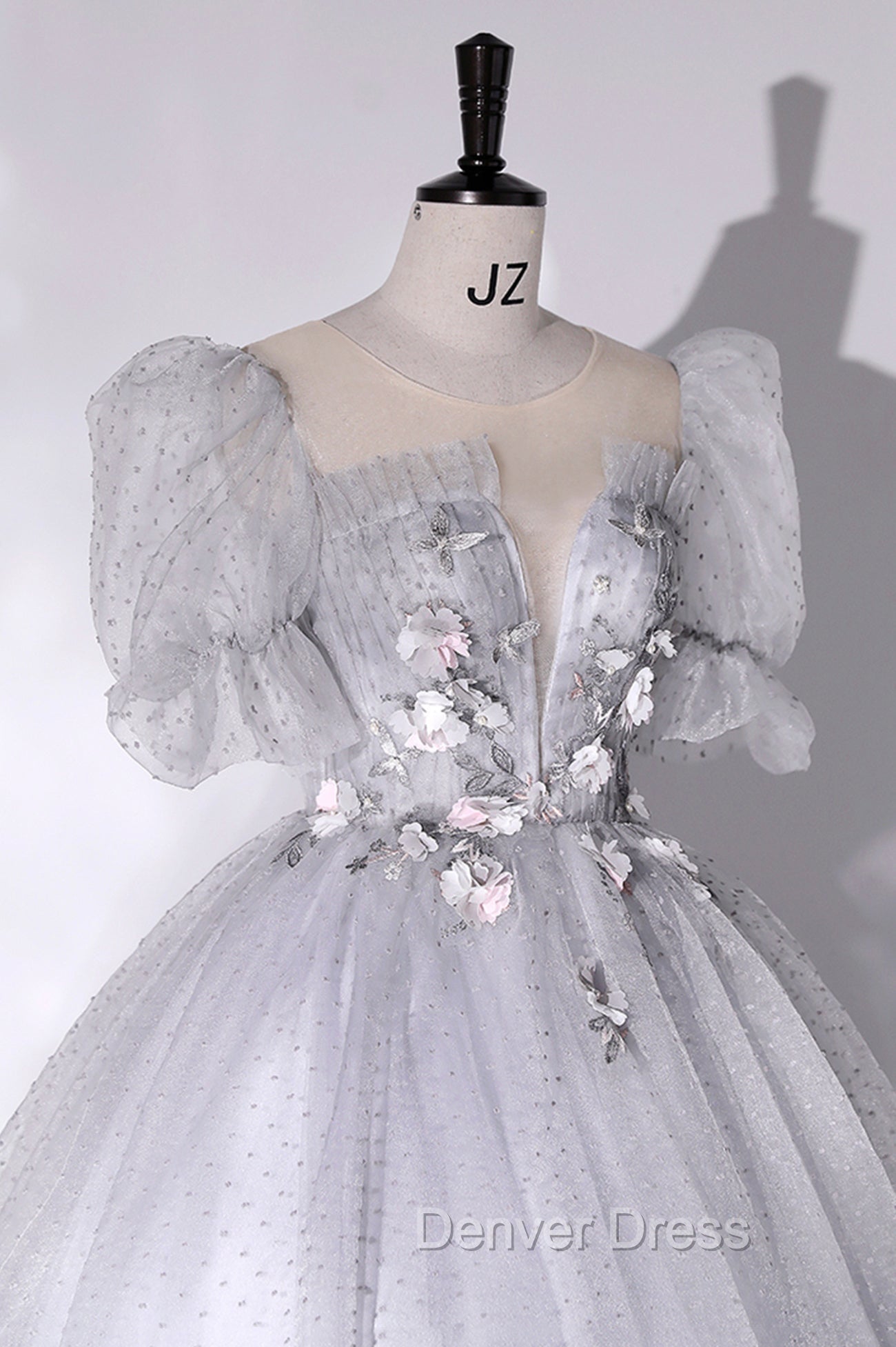 Gray Tulle Long A Line Ball Gowns, Gray Short Sleeve Prom Gowns Secondary image