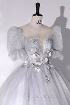 Gray Tulle Long A Line Ball Gowns, Gray Short Sleeve Prom Gowns