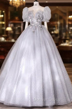 Gray Tulle Long A Line Ball Gowns, Gray Short Sleeve Prom Gowns