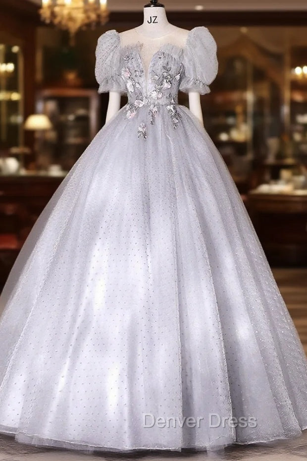 Gray Tulle Long A Line Ball Gowns, Gray Short Sleeve Prom Gowns