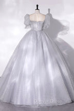 Gray Tulle Long A Line Ball Gowns, Gray Short Sleeve Prom Gowns