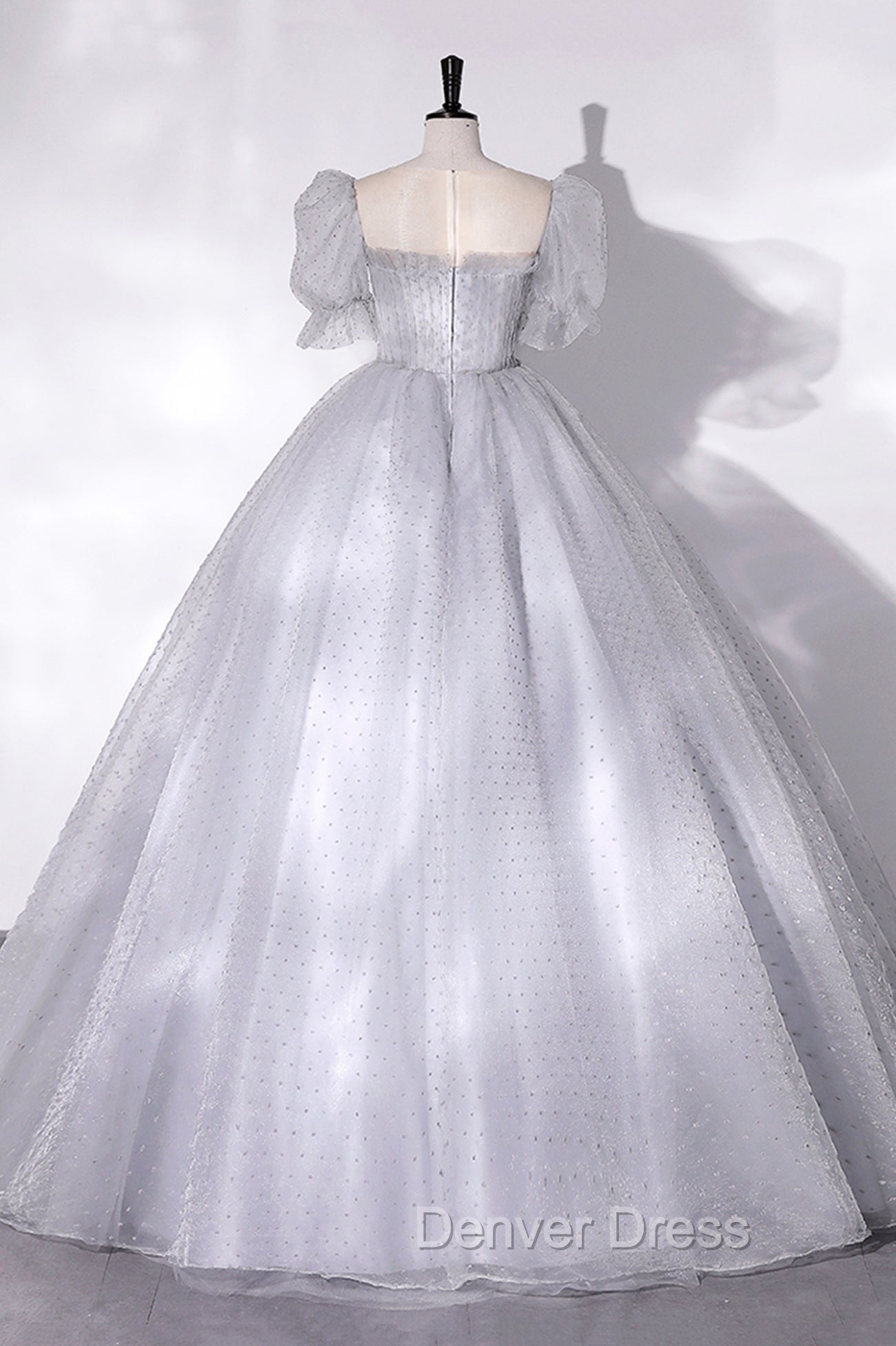 Gray Tulle Long A Line Ball Gowns, Gray Short Sleeve Prom Gowns