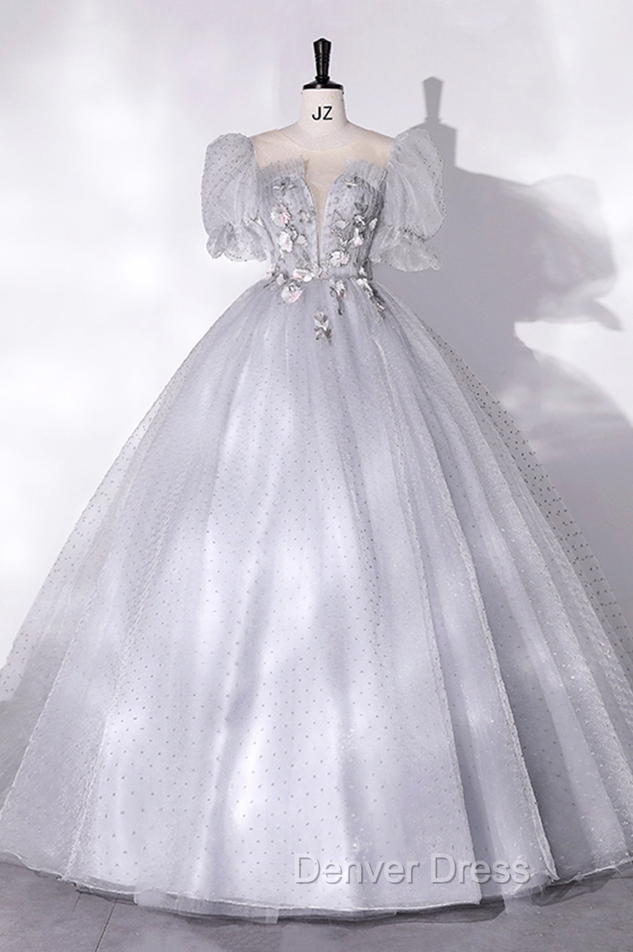 Gray Tulle Long A Line Ball Gowns, Gray Short Sleeve Prom Gowns