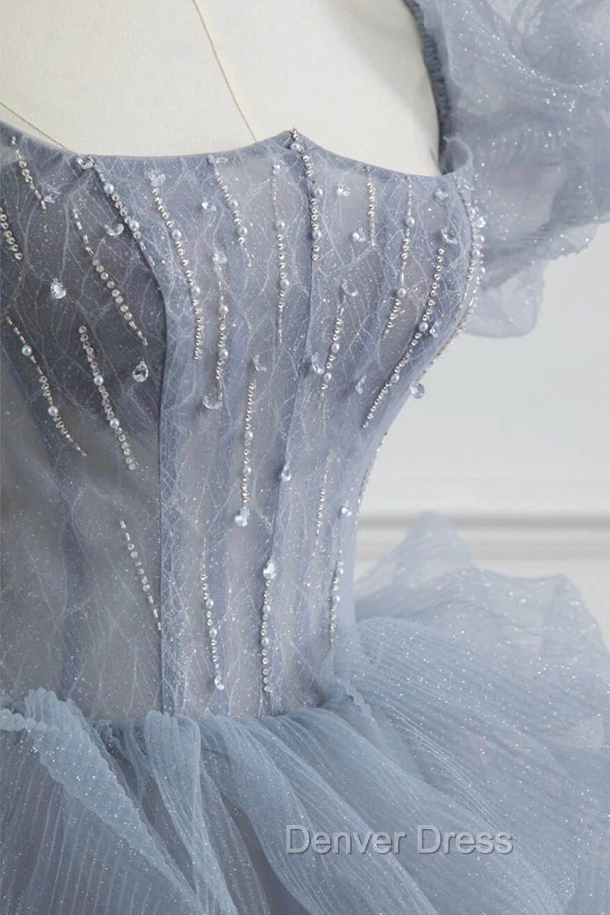 Gray Tulle Long A Line Prom Dress, Gray Short Sleeve Prom Dresses