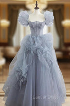 Gray Tulle Long A Line Prom Dress, Gray Short Sleeve Prom Dresses