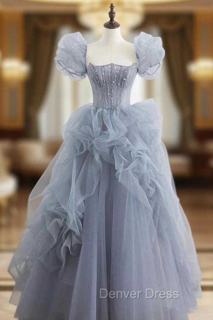 Gray Tulle Long A Line Prom Dress, Gray Short Sleeve Prom Dresses