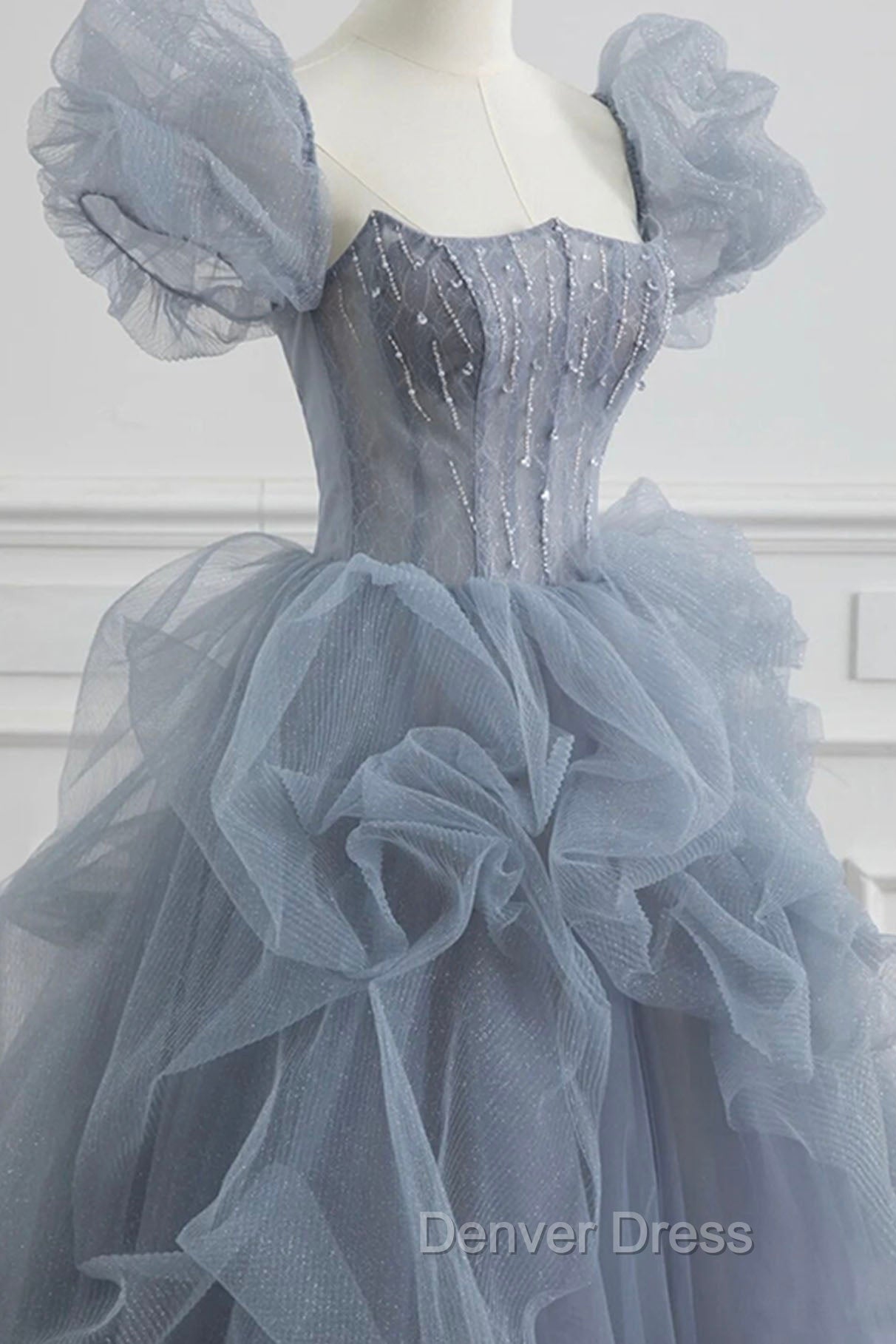 Gray Tulle Long A Line Prom Dress, Gray Short Sleeve Prom Dresses