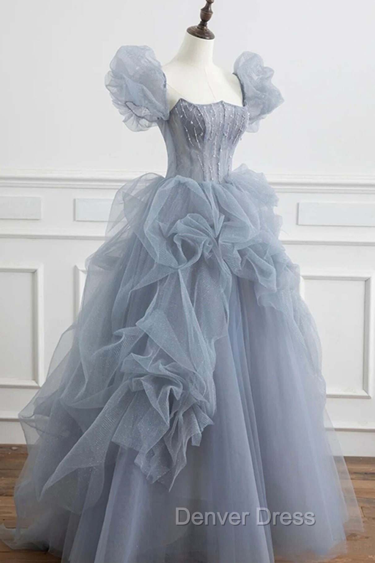 Gray Tulle Long A Line Prom Dress, Gray Short Sleeve Prom Dresses