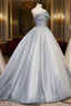 Gray Tulle Long A-Line Prom Dresses, Gray Strapless Formal Evening Gown