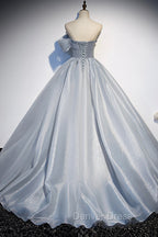 Gray Tulle Long A-Line Prom Dresses, Gray Strapless Formal Evening Gown