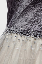 Gray Tulle Long A-Line Prom Dresses, V-Neck Spaghetti Straps Evening Dresses