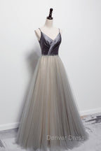 Gray Tulle Long A Line Prom Dress, V Neck Spaghetti Straps Prom Dresses