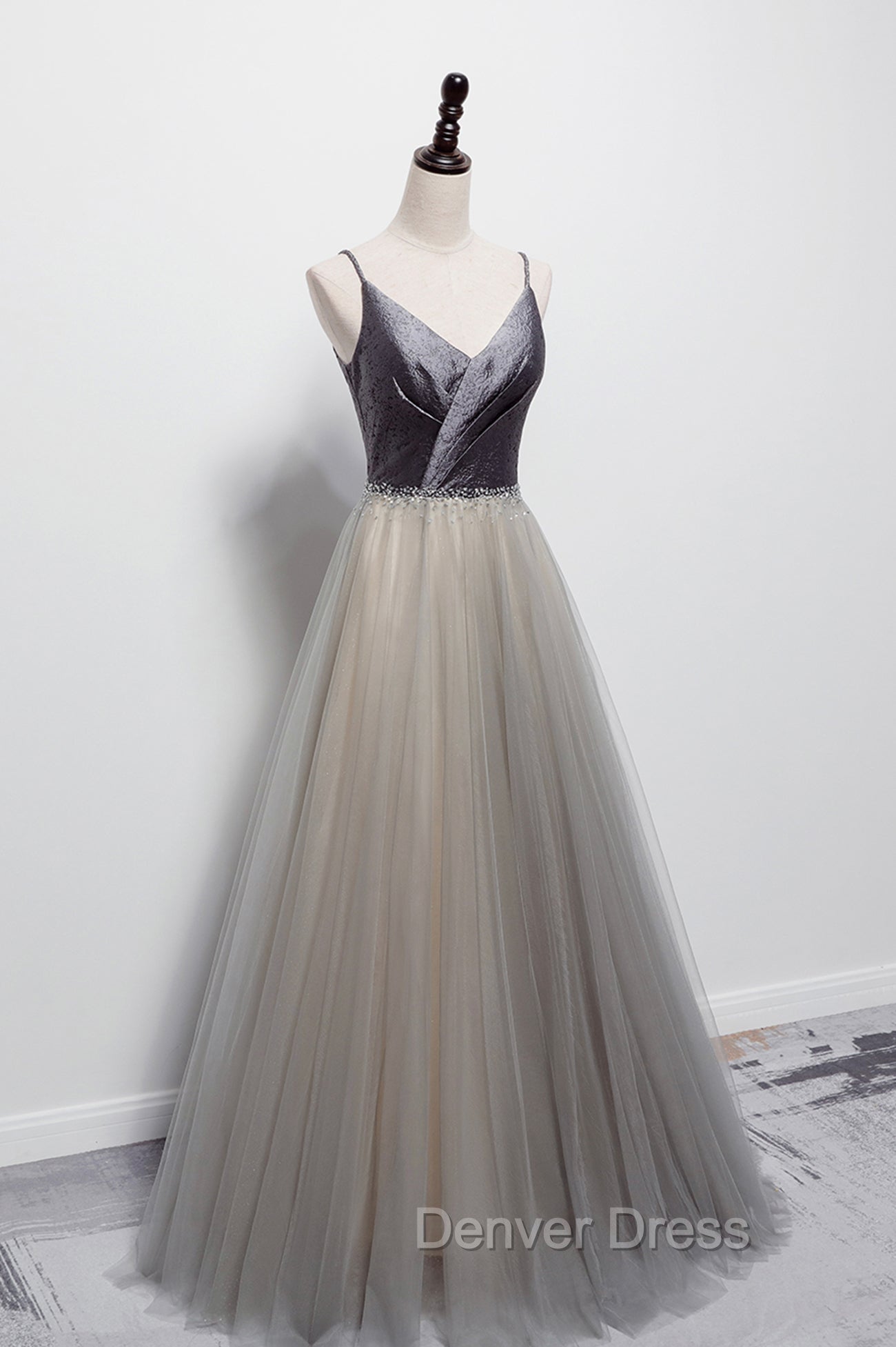 Gray Tulle Long A Line Prom Dress, V Neck Spaghetti Straps Prom Dresses