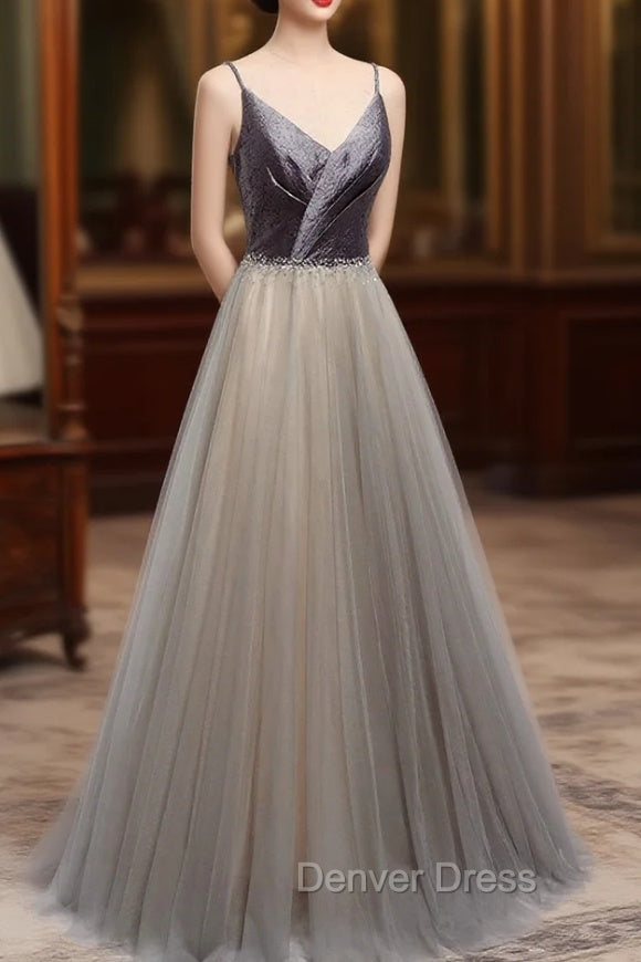 Gray Tulle Long A Line Prom Dress, V Neck Spaghetti Straps Prom Dresses