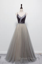 Gray Tulle Long A-Line Prom Dresses, V-Neck Spaghetti Straps Evening Dresses