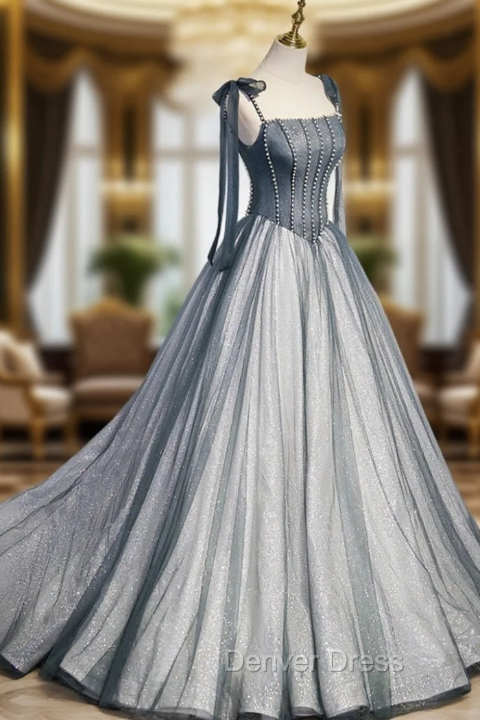 Gray Tulle Long A Line Prom Dress with Beaded, Spaghetti Straps Gray Prom Dresses Main image