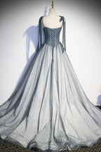 Gray Tulle Long A-Line Prom Dresses with Beaded, Spaghetti Straps Gray Evening Dresses