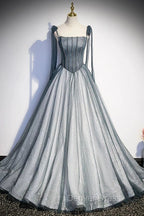 Gray Tulle Long A-Line Prom Dresses with Beaded, Spaghetti Straps Gray Evening Dresses