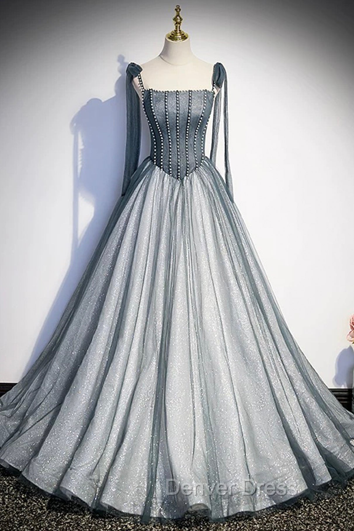 Gray Tulle Long A-Line Prom Dresses with Beaded, Spaghetti Straps Gray Evening Dresses