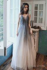 Gray Tulle Long Prom Dress, A-Line Backless Evening Dress