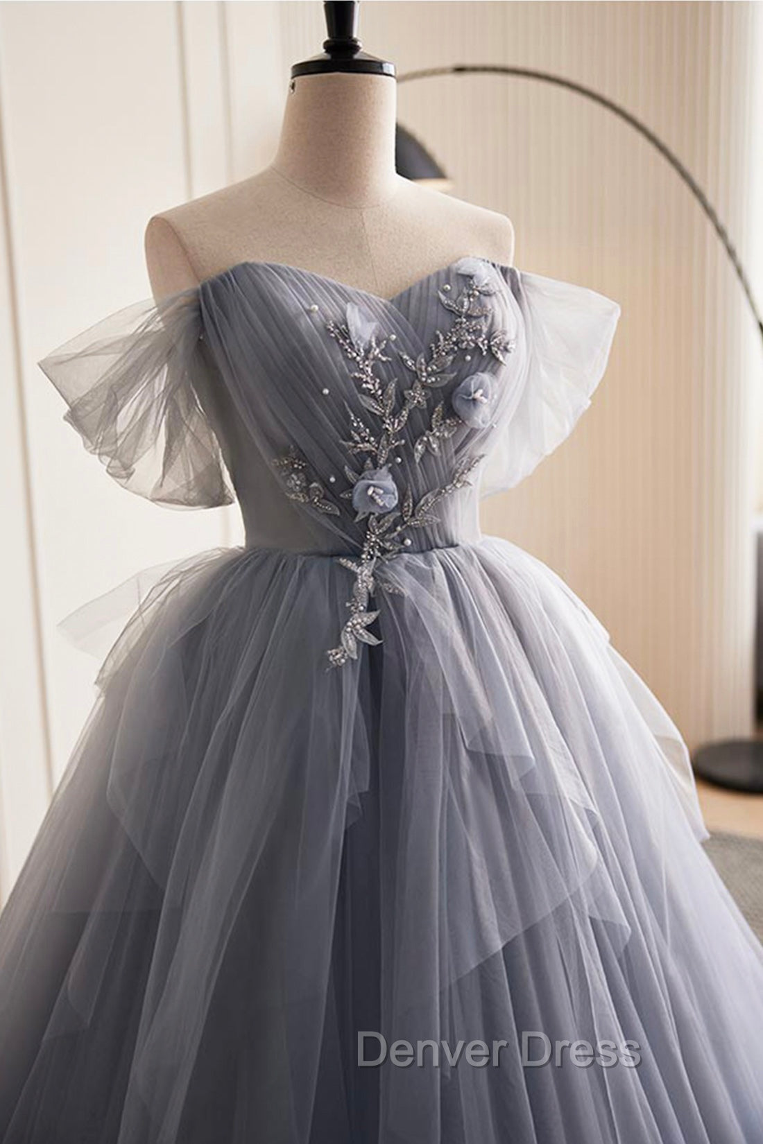 Gray Tulle Long Prom Dresses, Off Shoulder Evening Dresses Party Dresses