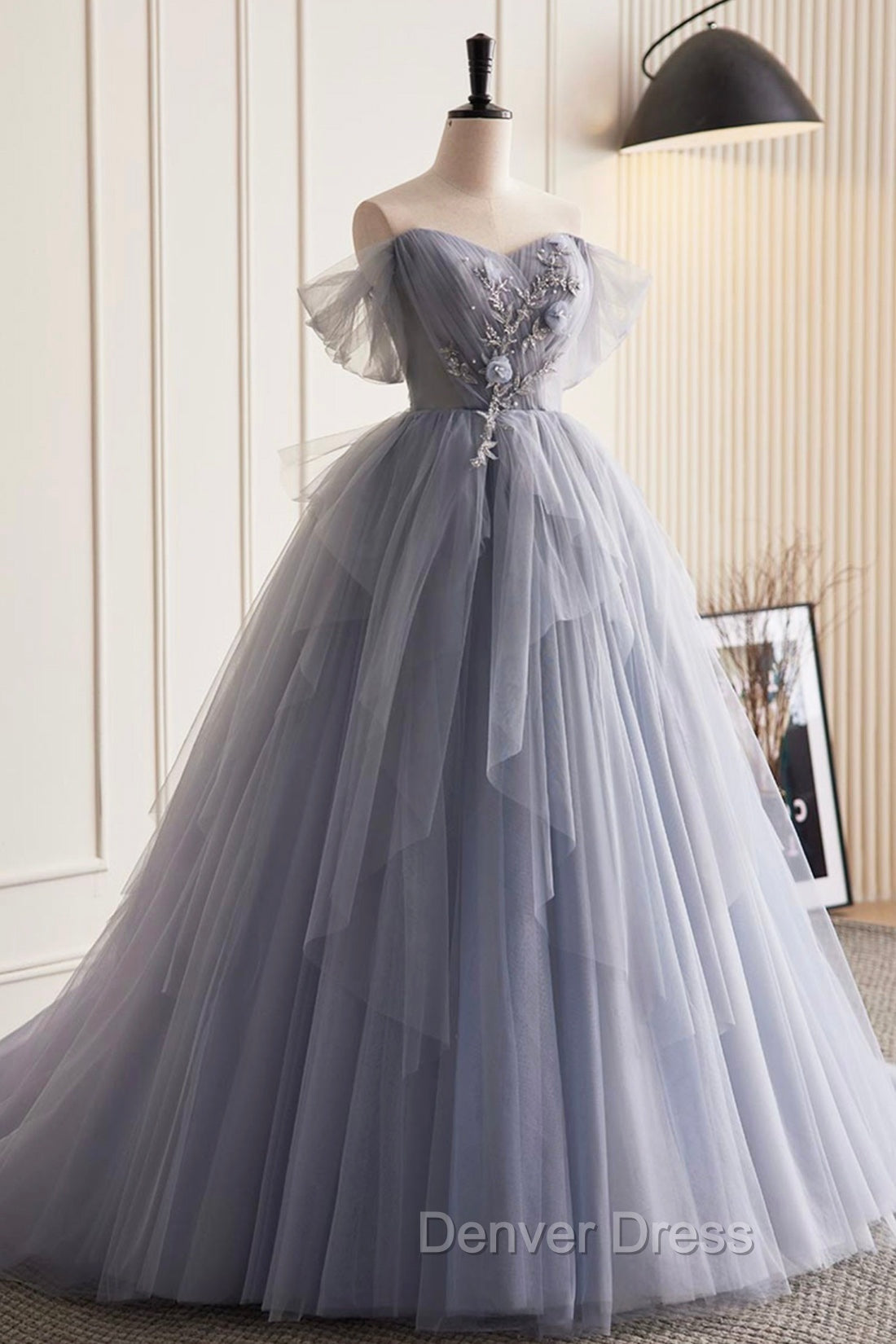 Gray Tulle Long Prom Dresses, Off Shoulder Evening Dresses Party Dresses Secondary image