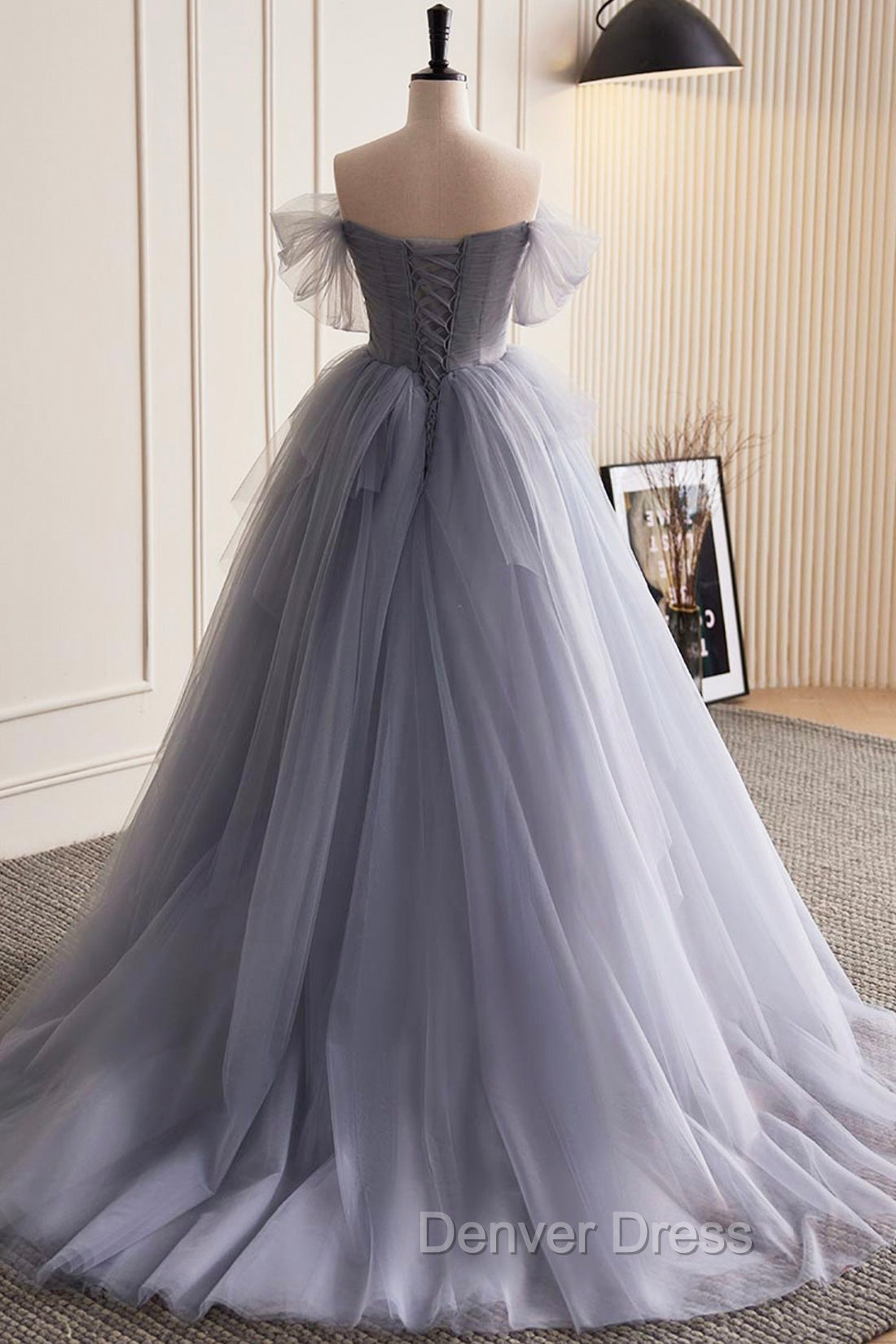 Gray Tulle Long Prom Dresses, Off Shoulder Evening Dresses Party Dresses