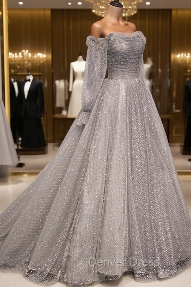 Gray Tulle Long Sleeve A-Line Prom Dresses, Spaghetti Straps Formal Evening Dresses