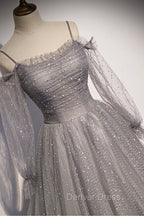 Gray Tulle Long Sleeve A-Line Prom Dresses, Spaghetti Straps Formal Evening Dresses