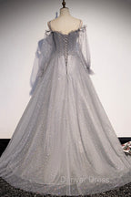Gray Tulle Long Sleeve A-Line Prom Dresses, Spaghetti Straps Formal Evening Dresses
