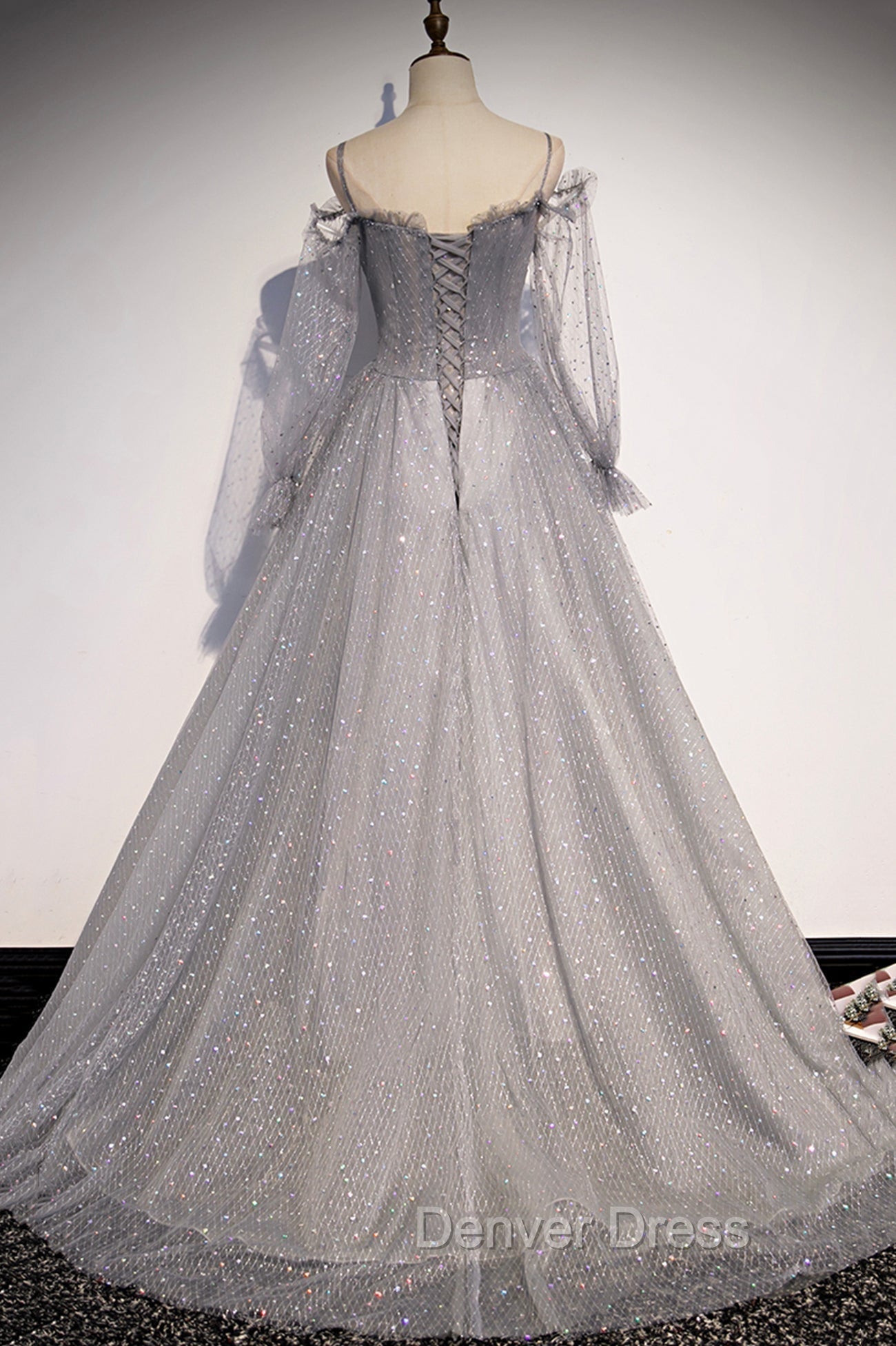 Gray Tulle Long Sleeve A-Line Prom Dresses, Spaghetti Straps Formal Evening Dresses