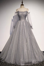 Gray Tulle Long Sleeve A-Line Prom Dresses, Spaghetti Straps Formal Evening Dresses