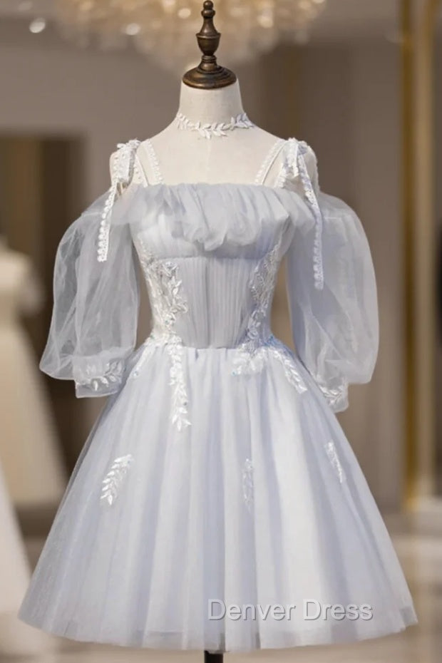 Gray Tulle Long Sleeve Pleats Homecoming Dresses