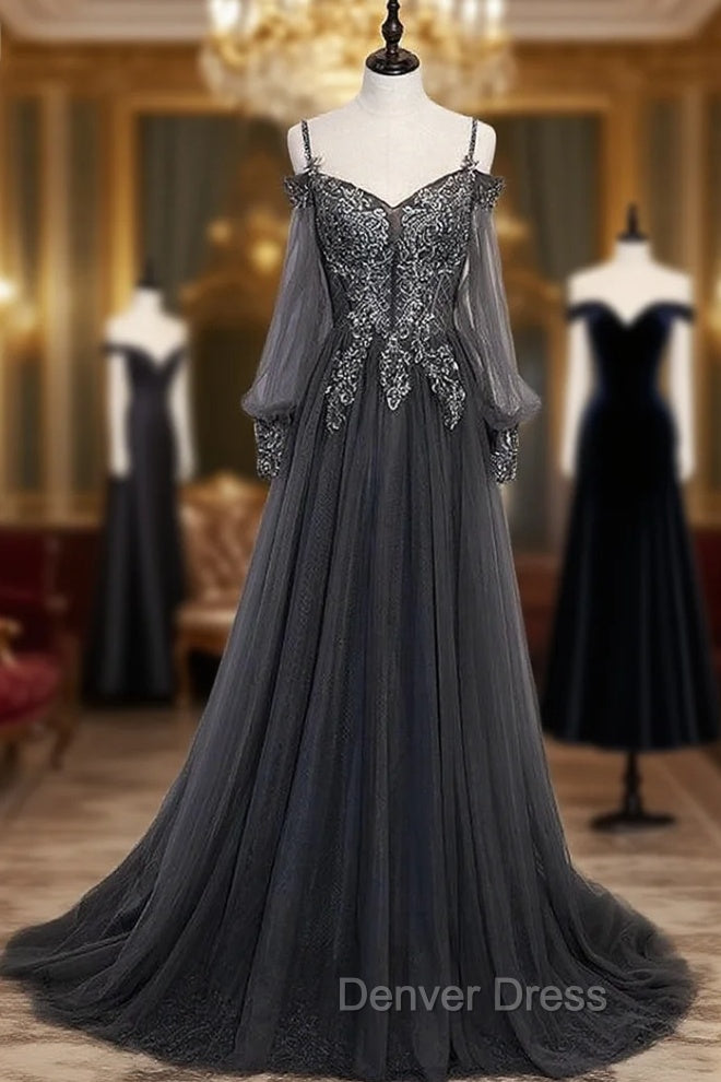 Gray Tulle Long Sleeve Spaghetti Straps Appliques Beading Prom Dresses Main image