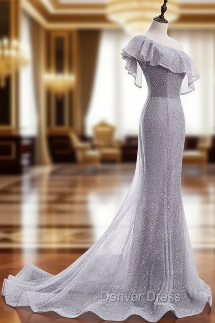 Gray Tulle Mermaid Long Prom Dresses Gray Tulle Formal Dresses