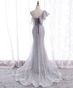 Gray Tulle Mermaid Long Prom Dresses Gray Tulle Formal Dresses