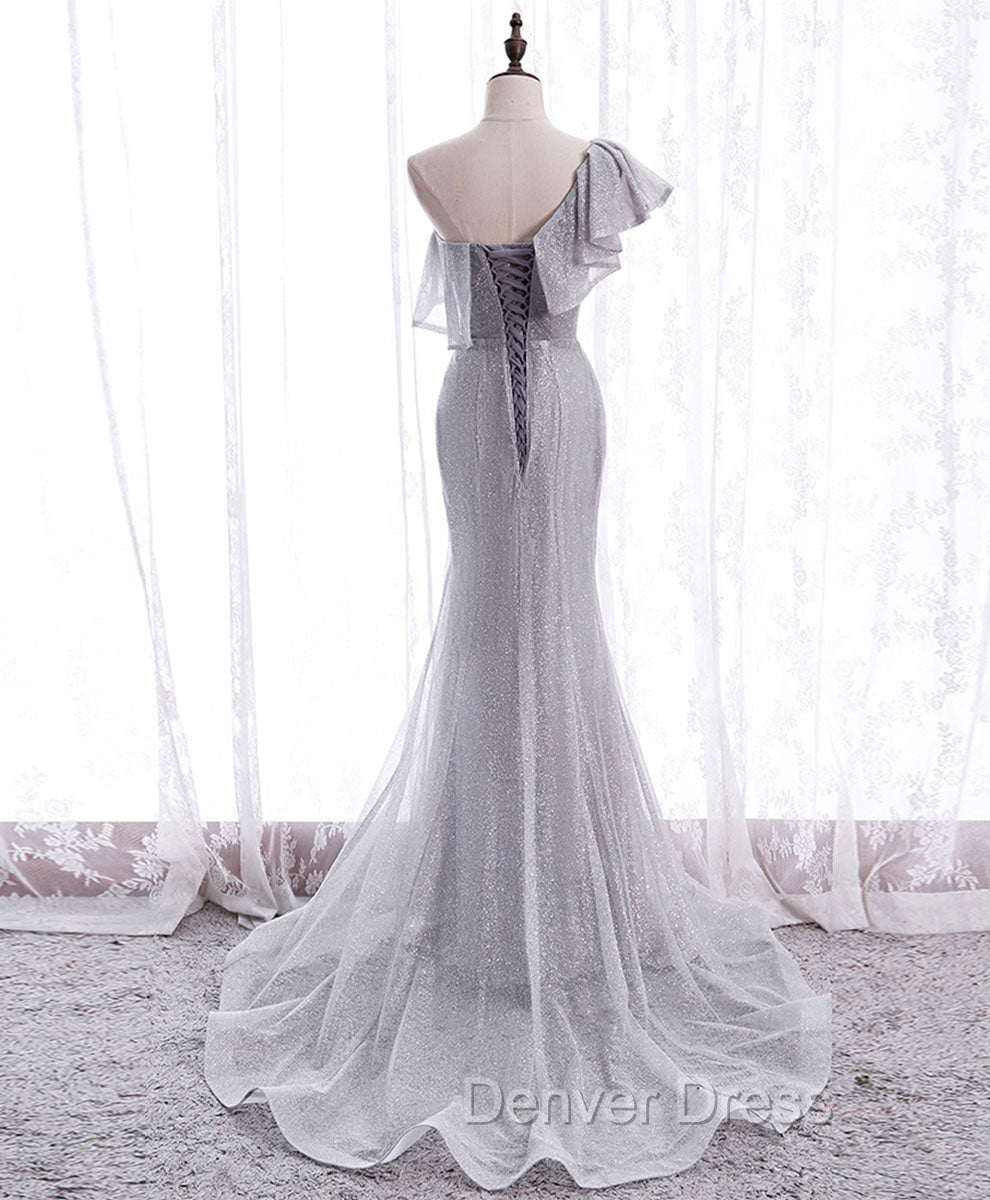 Gray Tulle Mermaid Long Prom Dresses Gray Tulle Formal Dresses