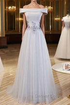 Gray tulle off shoulder lace long prom Dress gray tulle Prom Dresses