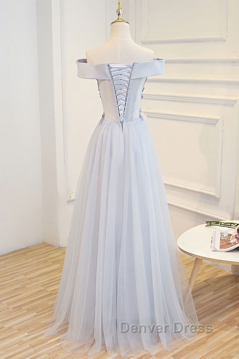 Gray tulle off shoulder lace long prom Dress gray tulle Prom Dresses