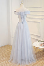 Gray tulle off shoulder lace long prom Dress gray tulle Prom Dresses